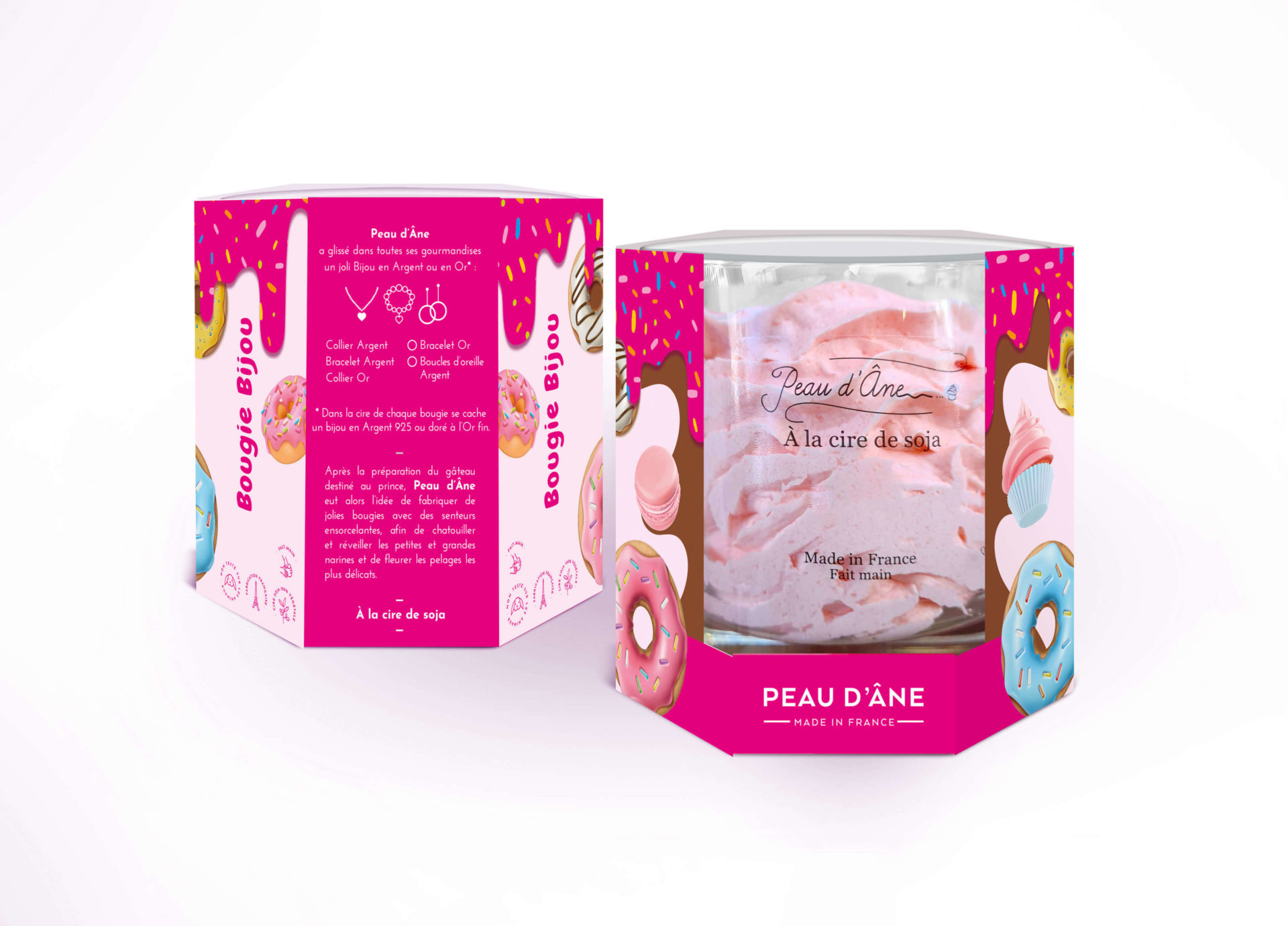 Packaging gourmand pour les bougies Peau d'âne - my& graphiste freelance marseille